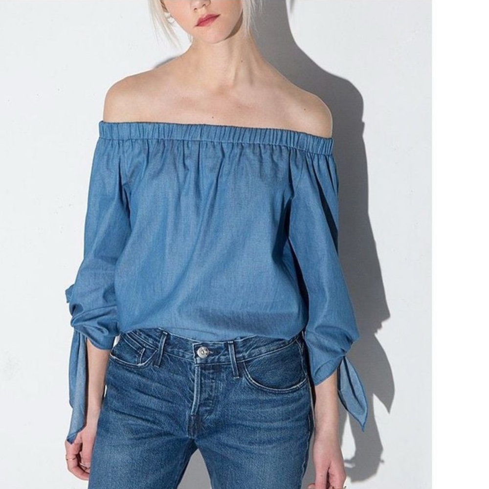 Sugarlips Off the Shoulder Denim Chambray Tie Quarter Sleeves Top